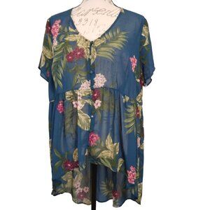 Torrid | Button Up Sheer Top Blouse Women Tropical Floral Hi-Lo | Size 1X